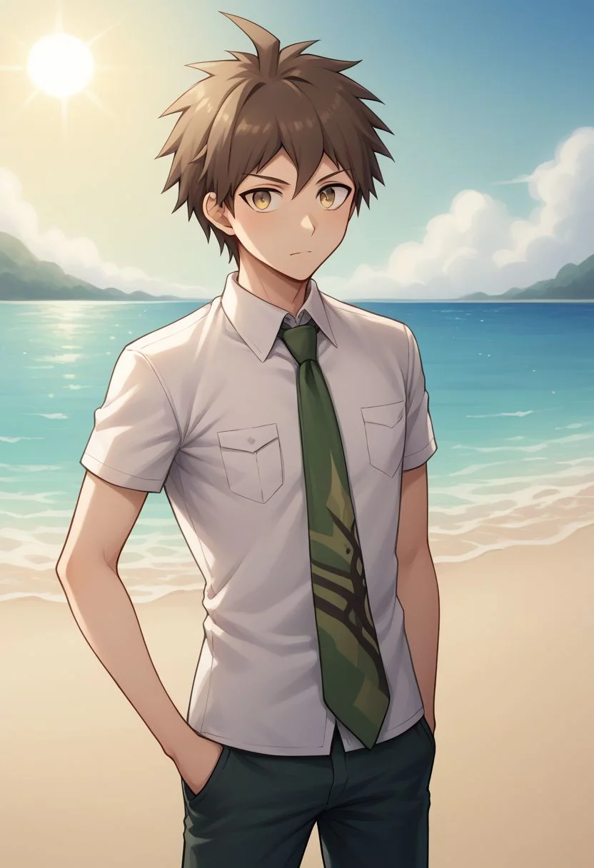 score_9, score_8_up, source_anime, highly detailed, 1boy, solo, skinny,
hinata, 1boy, male focus, solo, necktie, pocket, brown hair, upper body, short hair, pants, shirt, breast pocket, bangs, ahoge, short sleeves, hands in pockets, worried,
outdoor, beach, sun,