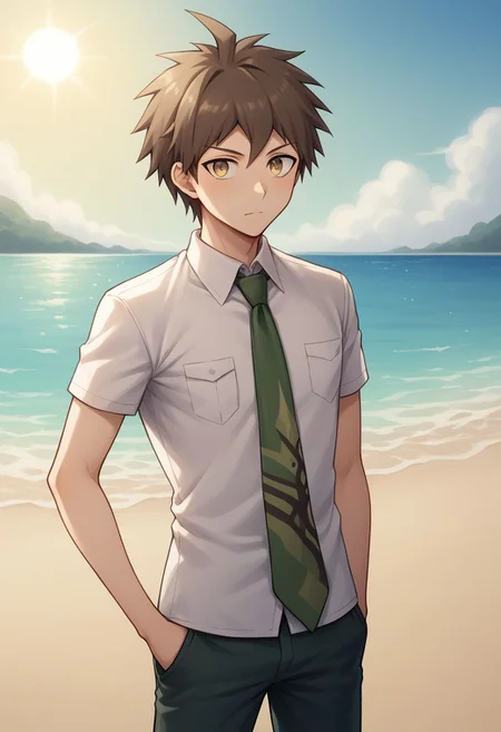 score_9, score_8_up, source_anime, highly detailed, 1boy, solo, skinny,
hinata, 1boy, male focus, solo, necktie, pocket, brown hair, upper body, short hair, pants, shirt, breast pocket, bangs, ahoge, short sleeves, hands in pockets, worried,
outdoor, beach, sun,