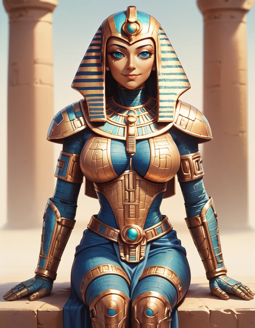 score_9, score_8_up, score_7_up, <lora:EgyptianWorldPony:1>, egyptianworld, 1girl, large breasts, sitting, armoured, looking at viewer, smiling,