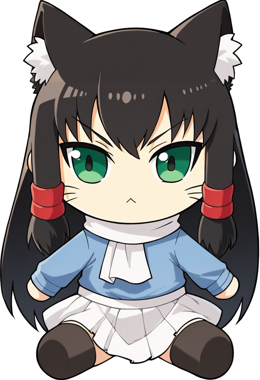 masterpiece, best quality, uncensored, source_anime BREAK score_9, score_8_up, score_7_up, score_6_up, score_5_up, score_4_up, 1girl, solo, chibi, lulu, cat ears, animal ears, cat tail, long hair, black hair, hair tubes, green eyes, whiskers, Expressiveh, white scarf, blue sweater, long sleeves, white skirt, zettai ryouiki, black thighhighs, plushieSDXL,solo,chibi,white background,sitting,<lora:Expressive_H:0.6> <lora:add-detail-xl:0.5> <lora:plushie:1> <lora:luluxventure:0.8>
