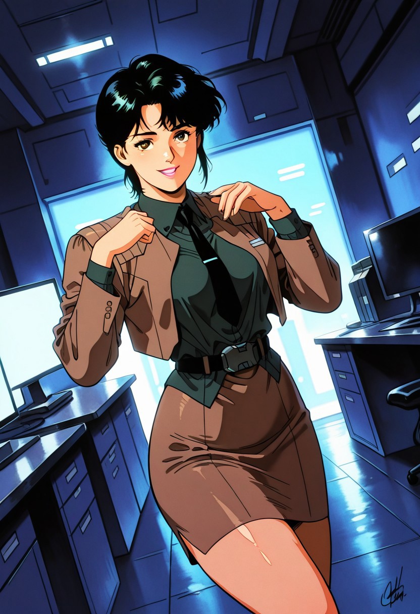 KyokoJounouchiCCO808, 1girl, solo, black hair, short hair, bangs, brown eyes, nose, pink lips, uniform, collar, dark green shirt, black necktie, large breast, brown jacket, belt, collared shirt, brown pencil skirt, thick hips, brown boots, long sleeves,
,seductive pose, sexy pose, tease, 
masterpiece, best quality, ultra-detailed, very aesthetic, detailed background, very aesthetic, newest, scenery, highres, 4k, absurdres, 8k, colorful,vibrant, glowing, perfect face, 2d, perfect eyes, detailed eyes, 
 masterpiece, best quality, ultra-detailed, very aesthetic, newest, scenery, absurdres, perfect anatomy, , perfect face, perfect eyes, mature body, clear eyes, beautiful eyes, athletic, curvy body, athletic girl, perky tits, perfect tits, round breasts, pinup pose, teasing, lustful expression,
muscular female, dutch angle,
naughty smile, office,
,detailed eyes,Smooth Negative, highres, absurdres,   uncensored,retro_artstyle, retro, cyberpunk