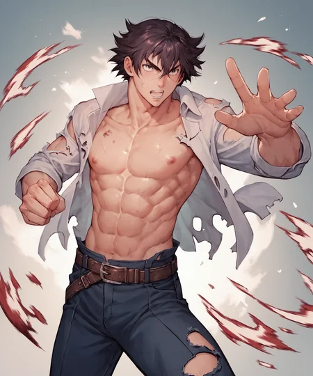 score_9, score_8_up, score_7_up, score_6_up, score_5_up, score_4_up, punch, solo, 1boy, male focus, open clothes, school uniform, belt, open shirt, torn clothes
<lora:matsuena_shun_style:1>