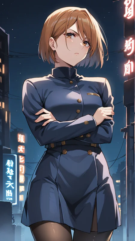 score_9,score_8_up,score_7_up,score_6_up, source_anime, zPDXL, <lora:xl_more_art-full_v1:0.5>, woman, dynamic pose, <lora:Nobara - Pony-000004:0.8>, short hair, brown hair, brown eyes, blue jacket, overhanging jacket, long sleeves, blue skirt, pantyhose, serious, crossed arms, modern city, neon lights, dim lighting, night time, reflections, skyscraper,