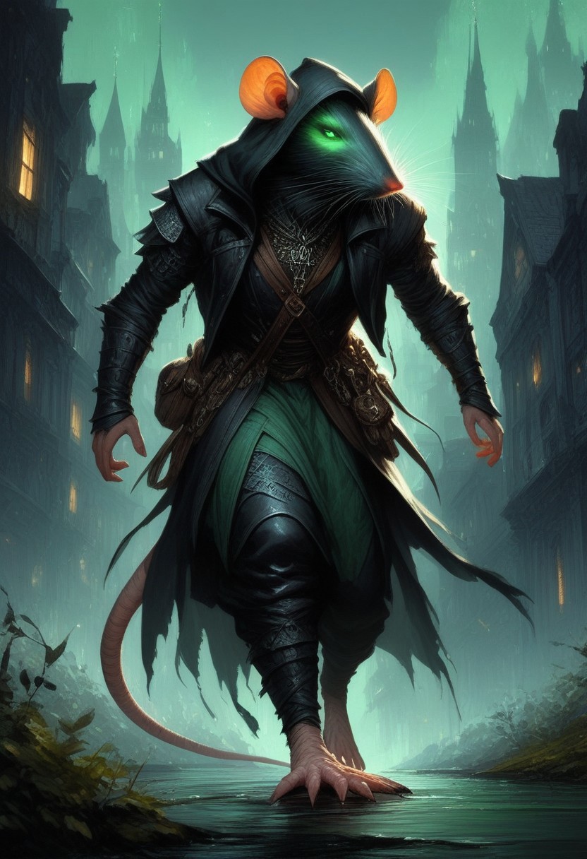 BREAK score_9, score_8_up, score_7_up,  victorian city, night, ominous, solo,  rat man, black longcoat, wearing goggles, green glow eyes, hood, dynamic pose, leaning forward, fully body shot , leather armour, sneaking, full body shot, (one tail: 1.5)
(masterpiece, best quality, ultra detailed, intricate details:1.2), (detailed face:1.1), (rat folk:1.5)