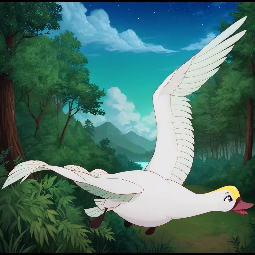 score_9, score_8_up, score_7_up, score_6_up, score_5_up, j_cartoon, highly detailed, ((detailed shaders)), BREAK, Odette, ((Fera)), Swan, tongue, daytime sky, letterbox, yellow spot on head, day, flight, spread wings, odette, blue eyes, feathers, white swan, forest, trees, cloud, nonhuman, outdoors, ripples, starry sky, open mouth fish, full body, happy,