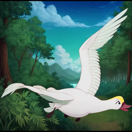 score_9, score_8_up, score_7_up, score_6_up, score_5_up, j_cartoon, highly detailed, ((detailed shaders)), BREAK, Odette, ((Fera)), Swan, tongue, daytime sky, letterbox, yellow spot on head, day, flight, spread wings, odette, blue eyes, feathers, white swan, forest, trees, cloud, nonhuman, outdoors, ripples, starry sky, open mouth fish, full body, happy,
