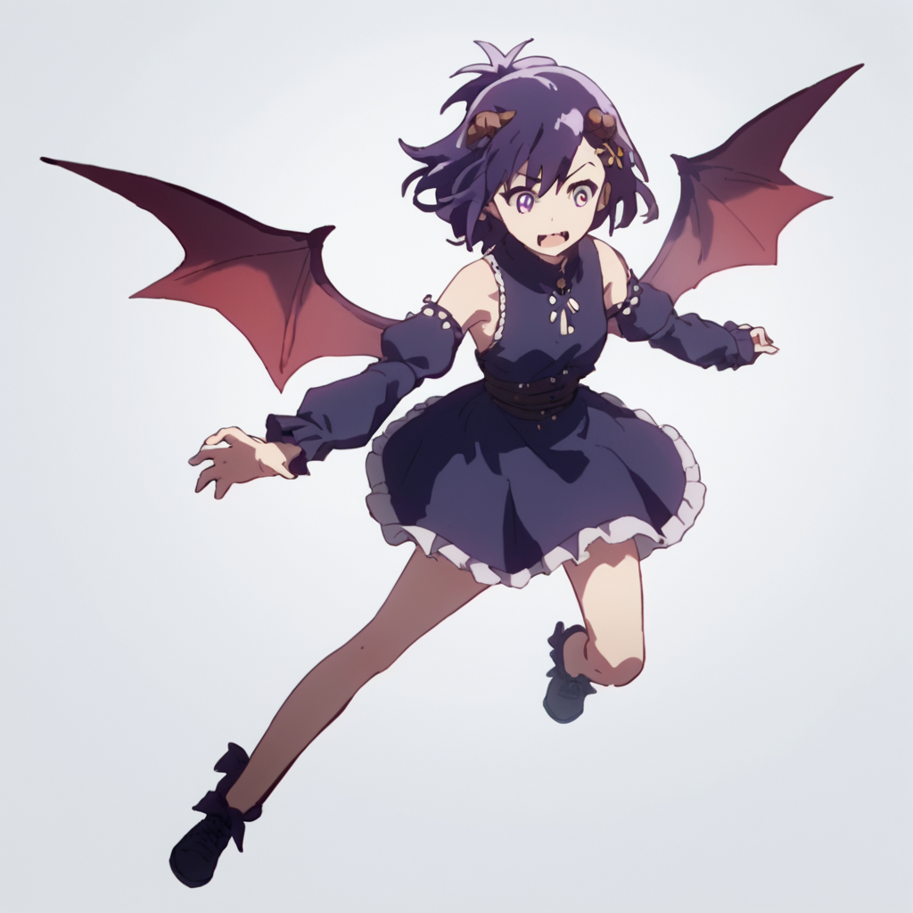 score_9, score_8_up, score_7_up, score_6_up, score_5_up, score_4_up, source_anime,  Vignette_DO, purple hair, demon wings, dynamic pose