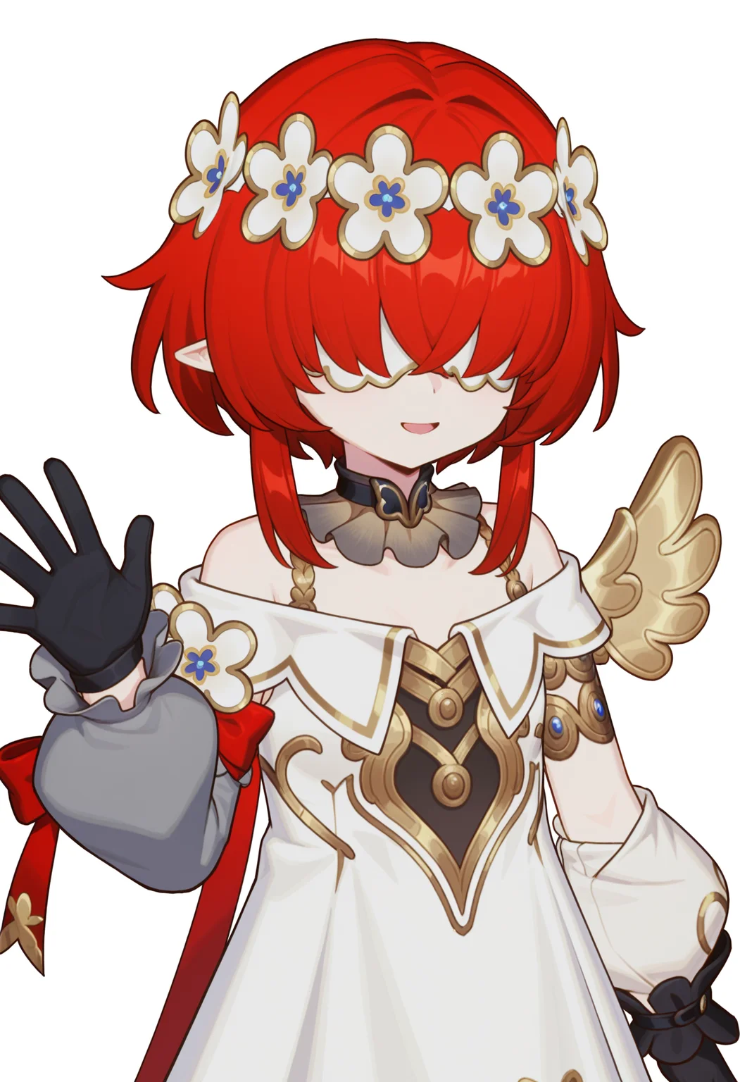 <lora:Tribios_illustrious-000030:1>,
Tribios_TIAN,solo,white dress,asymmetrical gloves,smile,black gloves,closed mouth,puffy long sleeves,single sleeve,white eye mask,white_background,simple_background,red hair,no eyes,hair over eyes,upper_body,off shoulder,detached_sleeves,open mouth,waving