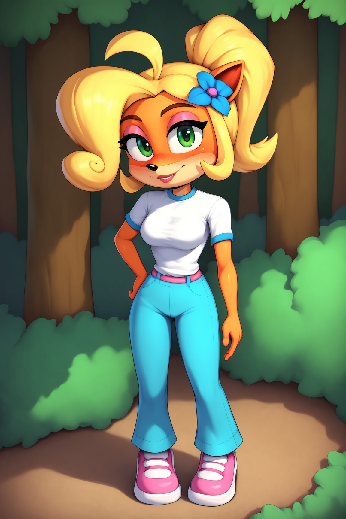 score_9, score_8_up, score_7_up, score_6_up, BREAK, CocoBandicootCNKPXL, anthro furry, furry female, body fur, orange fur, green eyes, blonde hair, short hair, ponytail, huge ahoge, hair flower, animal ears, medium breasts, white shirt, short sleeves, blue pants, pink shoes, solo, full body, standing, seductive smile, looking at viewer, naughty face, nose blush, forest, tree <lora:CocoBandicootCNKPXL:1>