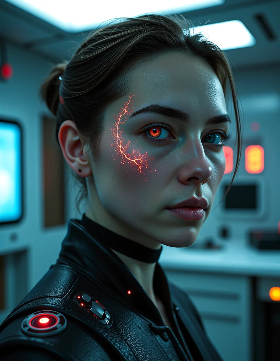biopunk biopunk person, realistic human skin, background a nanotech medical treatment room . With futuristic bioluminescent accents, with an emphasis on the blurring of lines between living tissue and artificial constructs. A biological engineering aesthetic with a focus on symbiotic relationships between organic and synthetic elements. <lora:flux_trainer/moxiePunk_v3>, <lora:flux/Realism 2.safetensors:1.0>,