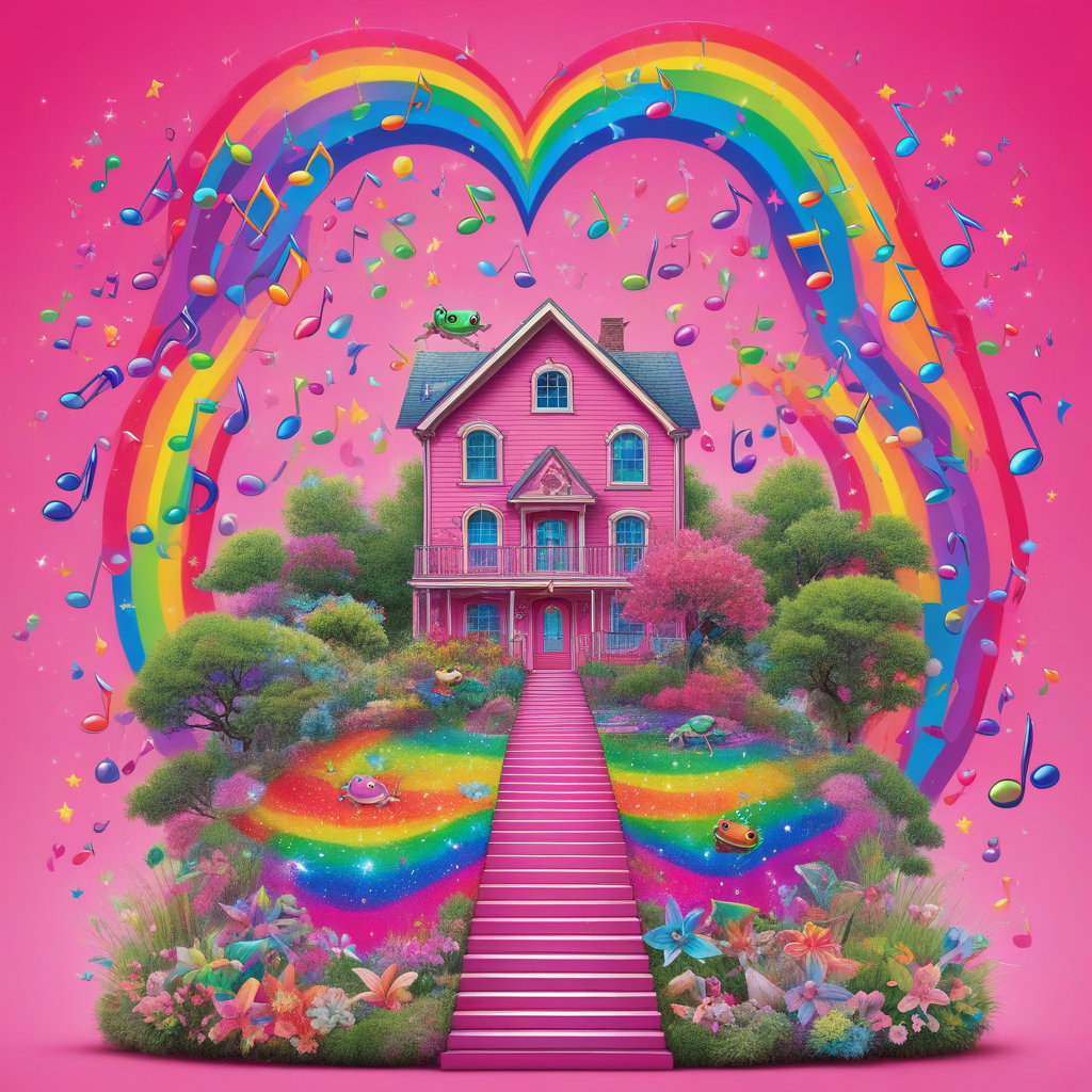 stairs, earrings, solo, long hair, cherry, grass, day, gradient, star (symbol), rainbow hair, closed mouth, vibrant rainbow, tree, frog, planet, colorful, sparkles, musical note, house, pink background, pointy ears, closed eyes, scales, piercing, hair bow, building, double bun, 1girl, heart, flower, cute creatures, simple background