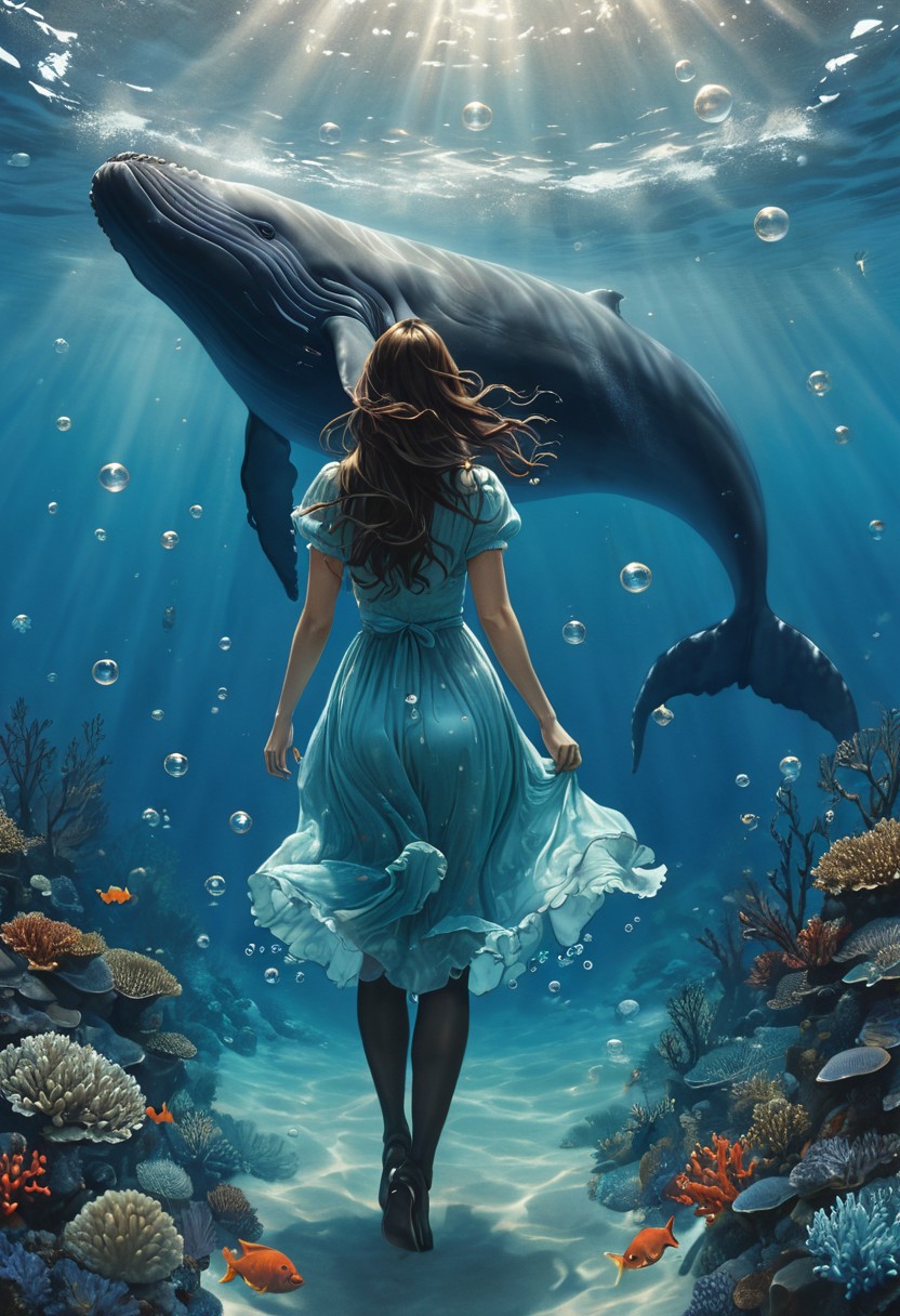 (water-colored), illustration, style of Jessica Galbreth,
(far view, far shot, rear view, facing away:1.3),
(Alice, very long dark brown hair,  hair rim lighting, hair in the wind, blue maid dress with short sleeves, black tights, black shoes:1.5), 
fog, dreamy, dream, coral, fish, sea weed
(walking, under water, bubbles, coral, fishes, sea weed, giant whale:2)