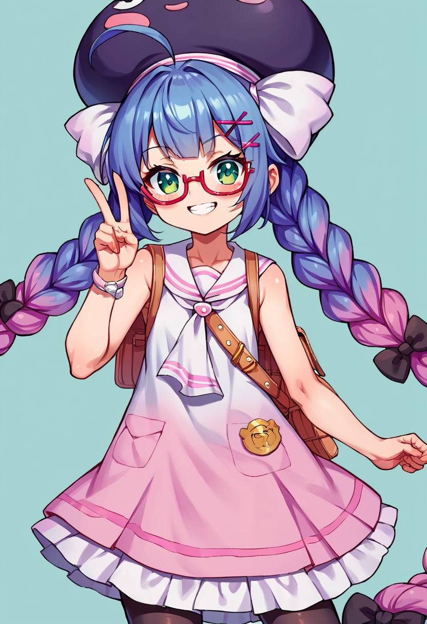 score_9, score_8_up, score_7_up, source_anime, BREAK
<lora:OtomachiUna_MMD_Pony_V1:0.85>Otomachi_Una, green eyes, gradient hair, blue hair, pink hair, very long hair, twin braids, black hair bow, hairclip, large ahoge, x hair ornament, sidelocks,
large hat,  purple hat, hat bow,
red-framed eyewear, under-rim eyewear,
short dress, sleeveless dress, frilled dress, randsare,
pantyhose, white footwear, shoes,
(cowboy shot:1.5), cute, kawaii, ((Petite)), smug, smirk, blush, teeth, peace sign, double peace sign,(ftame out hat)
(silver background, simple bacground,,blue background, simple bacground,,)