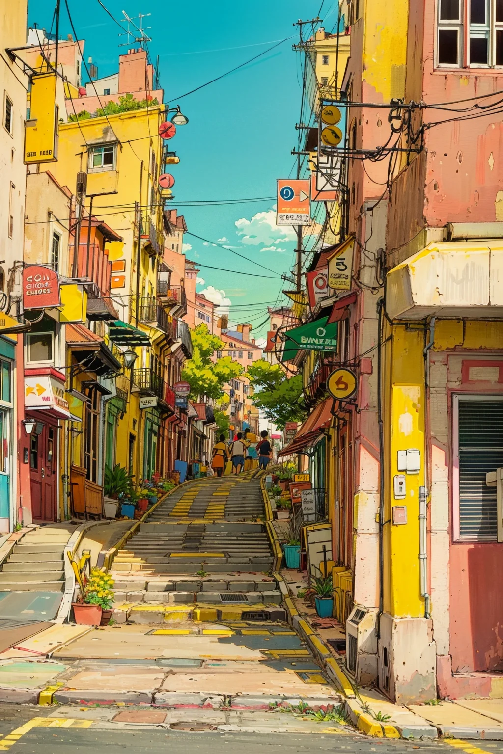 outdoors, power lines, sign, scenery, building, utility pole, street, sky, road, city, potted plant, solo, day, 1girl, brown hair, shirt, traffic light, 1boy, plant, air conditioner, road sign, blue sky, bag, short hair, stairs<lora:airconditionerlora:1>