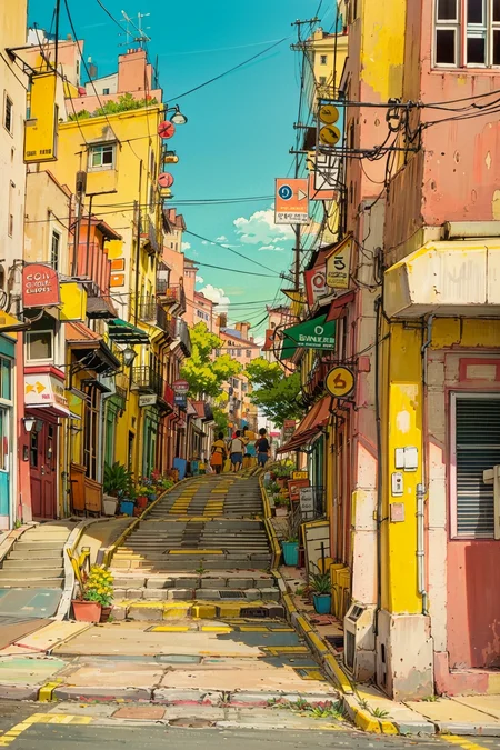outdoors, power lines, sign, scenery, building, utility pole, street, sky, road, city, potted plant, solo, day, 1girl, brown hair, shirt, traffic light, 1boy, plant, air conditioner, road sign, blue sky, bag, short hair, stairs<lora:airconditionerlora:1>