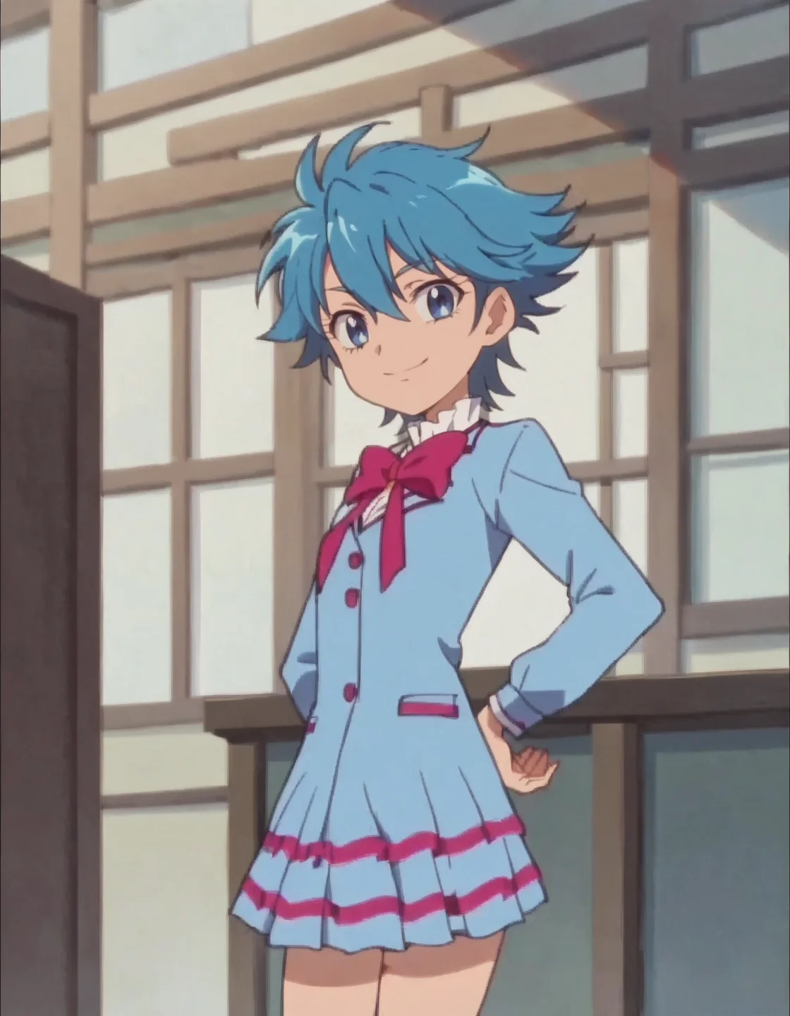 score_9, score_8_up, score_7_up, anime screencap, solo,1girl,nishijimawaon, school uniform,blue hair,blue eyes, blue shirt,blue skirt, pink bow,long sleeve,looking at viewer,smile,cowboy shot,small breasts<lora:nishijimawaon:0.8>,