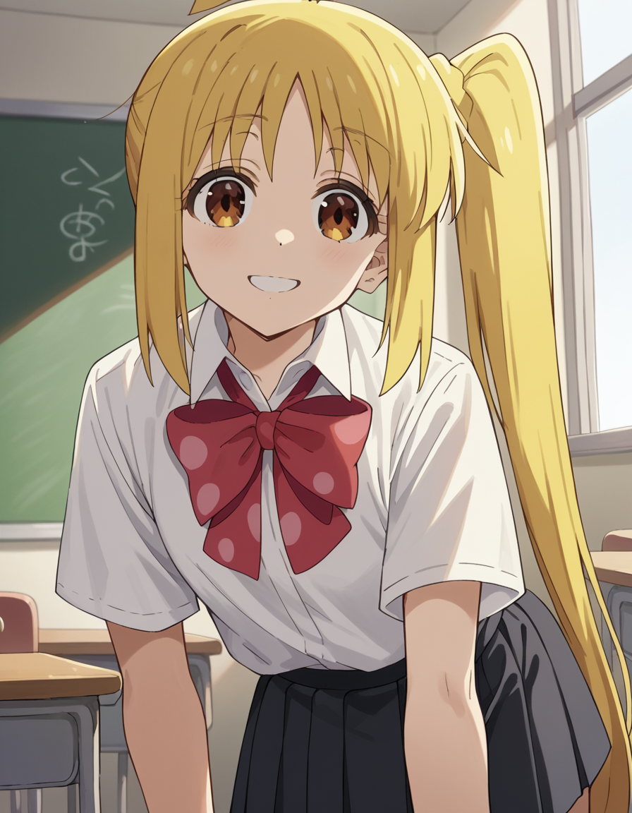 score_9, score_8_up, score_7_up, source_anime,
nijikaijichi, <lora:nijika-ijichi-s1-ponyxl-lora-nochekaiser:1>,
nijika ijichi, ahoge, yellow hair, brown eyes, long hair, side ponytail,
black skirt, bow, bowtie, collared shirt, pleated skirt, polka dot, polka dot bow, red bow, red bowtie, shirt, short sleeves, skirt, white shirt,
indoors, classroom, bent over, smile,
cowboy shot, solo, dutch angle, looking at viewer,