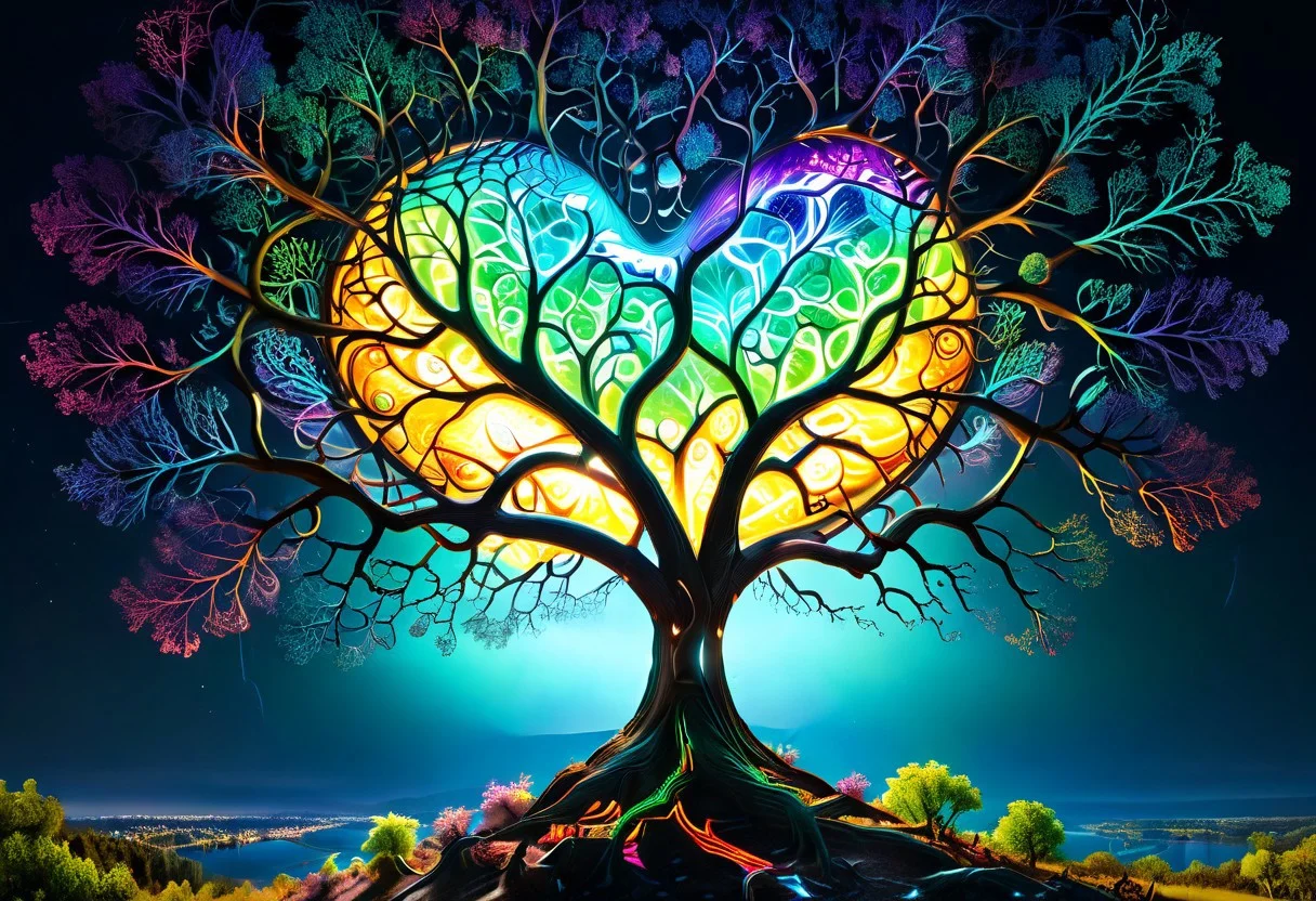 score_10 , score_9_up, score_8_up, score_7_up , score_6_up, vibrant colors, shiny_skin , prefect lighting, detailed image, snoozing , masterpiece , best quality , highly detailed , ultra quality , BREAK , (epic photo of tree , An epic photo) , ((The tree is in the middle of the screen, the tree is shaped like a heart)), 
Landscape , tree , sun , river , neon lights , heart, 
detailed background , plant , rocks , cinematic composition , dynamic pose , 
<lora:xl_more_art-full_v1:1.2>