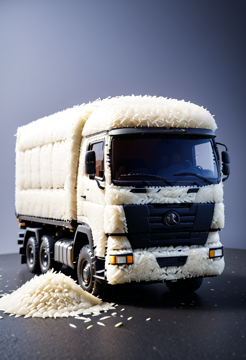 A truck made out of rice grains. Ultra-detailed, absurdres, masterpiece, high quality. r1c3m0rph <lora:Rice_Grains_Morph:1>,