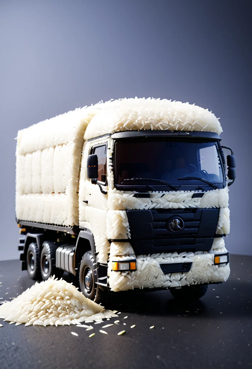 A truck made out of rice grains. Ultra-detailed, absurdres, masterpiece, high quality. r1c3m0rph <lora:Rice_Grains_Morph:1>,