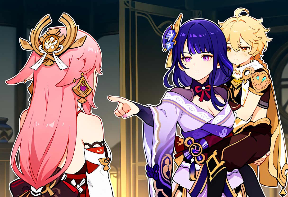 masterpiece, best quality, absurdres, protected kevin hert (meme), 1boy, 2girls, aether \(genshin impact\), yae miko, raiden shogun, carrying, carrying person, pointing at another, <lora:protected_kevin_hert-10-NOOB:1>