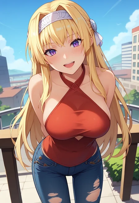 score_9, score_8_up, score_7_up, anime screencap, source_anime, 1girl, solo,
<lora:Alicia_Arcturus_Kuroinu_V1:.85>, KJOalicia, blonde hair, purple eyes, long hair, headband, 
slit front backless halter shirt, jeans, torn legwear,
looking at viewer, arms behind back, leaning forward, head tilt, open mouth, blush, smile, dutch angle,
outside, bridge, city in background,
(Beautiful, large Breasts:1.2), natural breasts,