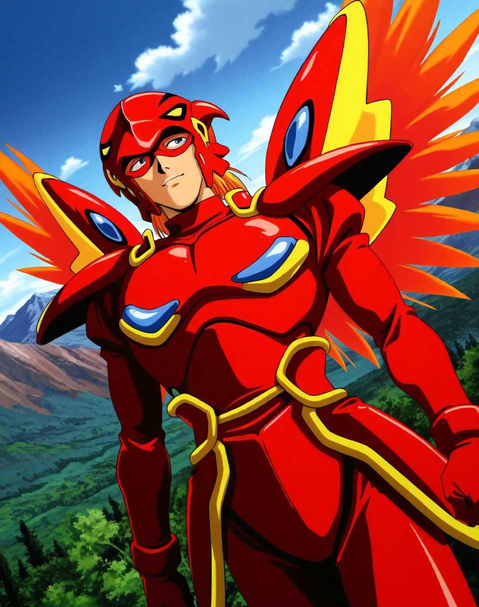 <lora:Mushra_(Shinzo)_(Illustrious)_(AD):1.35> Mushra, phoenix armor, Shinzo, 
exterior, vivid anime blue sky with detailed clouds, mountains, nature, dynamic action, dutch angle, male focus, head turned to side, glossy red armor, brash happy expression, male focus, forward facing, anime from the early 2000s, 
BREAK: lazypos (3),