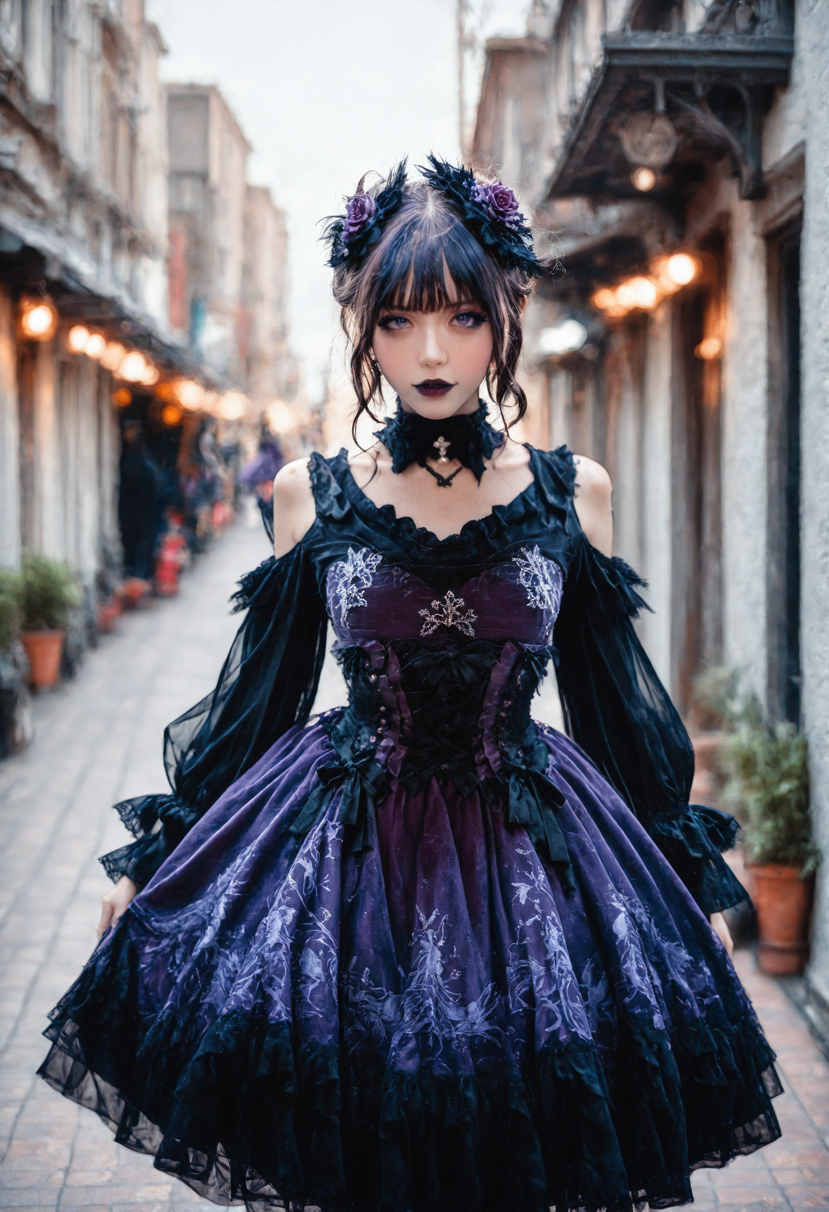 <lora:Illustrious_Realistic_Fashion_Collection_-_Gothic_Lita:1> girl wearing a gothic fashion dress, on the street, purple dress, subsurface scathering, depth of field, skin pores, detailed skin, masterpiece, best quality, newest, absurdres, highres, feeling, impact, very awa, dim lighting, sidelighting, skindentation, amazing quality, scenery, very aesthetic, newest, volumetric lighting, blending, <lora:add-detail-xl:1> <lora:cfg_scale_boost:1> <lora:sdxl_enhance:1> <lora:spo_sdxl_10ep_4k-data_lora_webui:1>