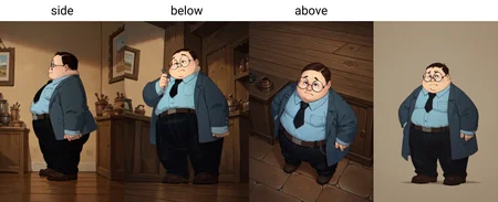 score_9, score_8_up, score_7_up, <lora:Chuck_epoch_10:0.80> hiafchuck, 1boy, young, fat, chubby, glasses, blue coat, light-black tie, light-blue shirt, belt, light-black pants, full body, from side,