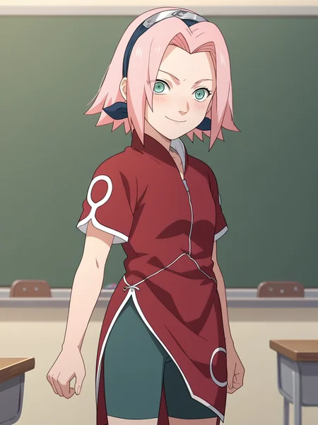 score_9, score_8_up,source_anime,
1girl, haruno sakura, pink hair, short hair, green eyes, red shirt, red qipao, short sleeves, bike shorts,
smile, blush, solo, looking at viewer, standing, cowboy shot, classroom background, anime screencap, anime coloring <lora:SakuraGeninXL:1>