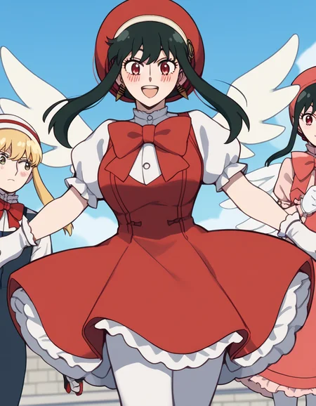 score_9, score_8_up, score_7_up, source_anime, <lora:yor-briar-movie-ponyxl-lora-nochekaiser:1>, yor briar, black hair, red eyes, sidelocks, hairband, short hair with long locks, white hairband, large breasts,, <lora:sakura-kinomoto-cosplay-ponyxl-lora-nochekaiser:1>, sakurakinomotocosplay, kinomoto sakura (cosplay), bow, bowtie, dress, gloves, hat, magical girl, pantyhose, petticoat, ppuffy short sleeves, puffy sleeves, red bow, red bowtie, red dress, red hat, short sleeves, white gloves, white pantyhose, white wings, wings,, outdoors, open mouth, blush, smile, flying, , cowboy shot, dutch angle,