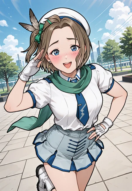 masterpiece,RobynSpade, Short hair, Brown hair, freckles, blue eyes, masterpiece, best quality, amazing quality, 1girl, solo, makeup, perspective, general, looking at viewer, dynamic angle, cowboy shot, confident, smile, open mouth, park, cosplay festival, festival, outdoors, salute, blush, lovely, happy, posing, sky, cloud, cosplay, acting as a character, looking at viewer, hand on own hip, standing on one leg, LL_Kotori_Wonderful_Rush_Cos, short sleeves, puffy sleeves, white shirt, skirt, green scarf, feathers, feather hair ornament one side, white gloves, fingerless gloves, white beret, green bow, blue necktie, jewelry, earrings, boots,