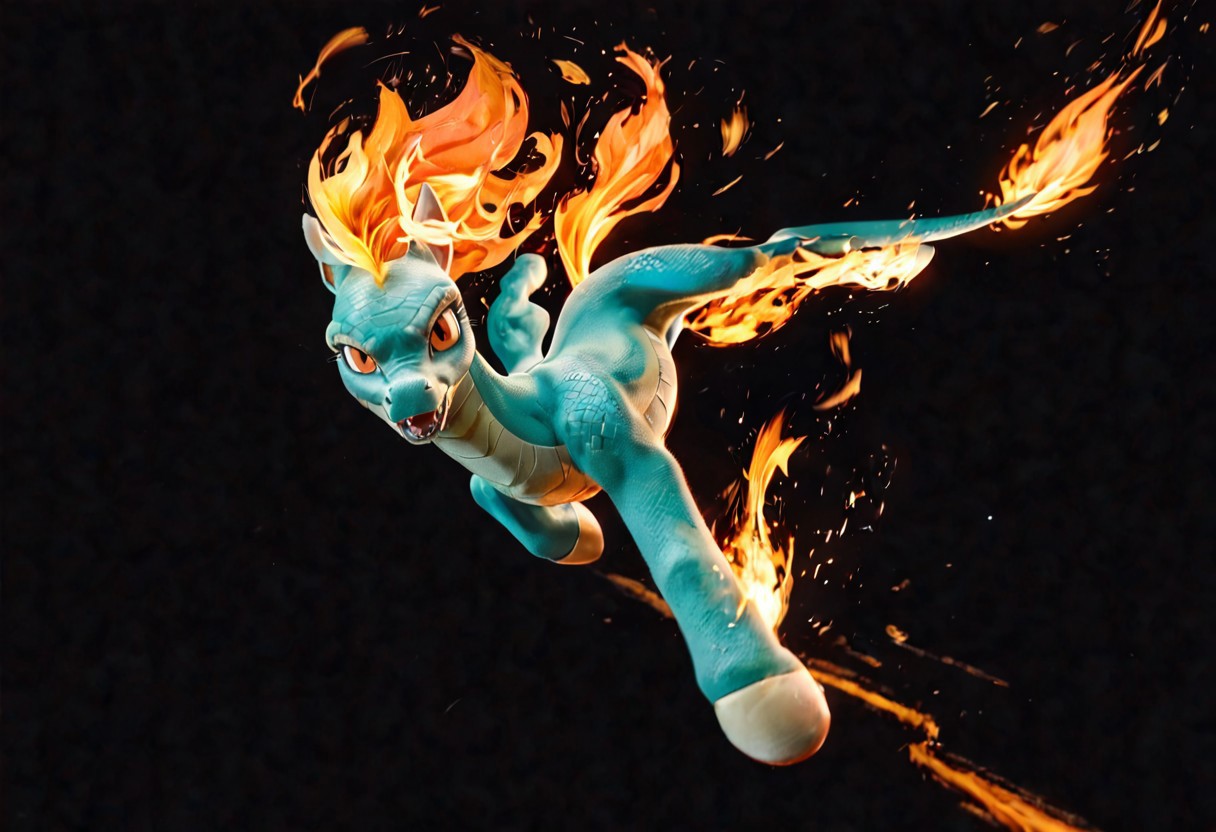 score_9, score_8_up, score_7_up, realistic, toony, feral, mlp, tianhuo_tfh, solo, animal, furry female, orange eyes, slit pupil, dragon horse, pony, flame hair, flame mane, flame tail, fire, summersault, kick, flying, moon, forbidden city, black background
