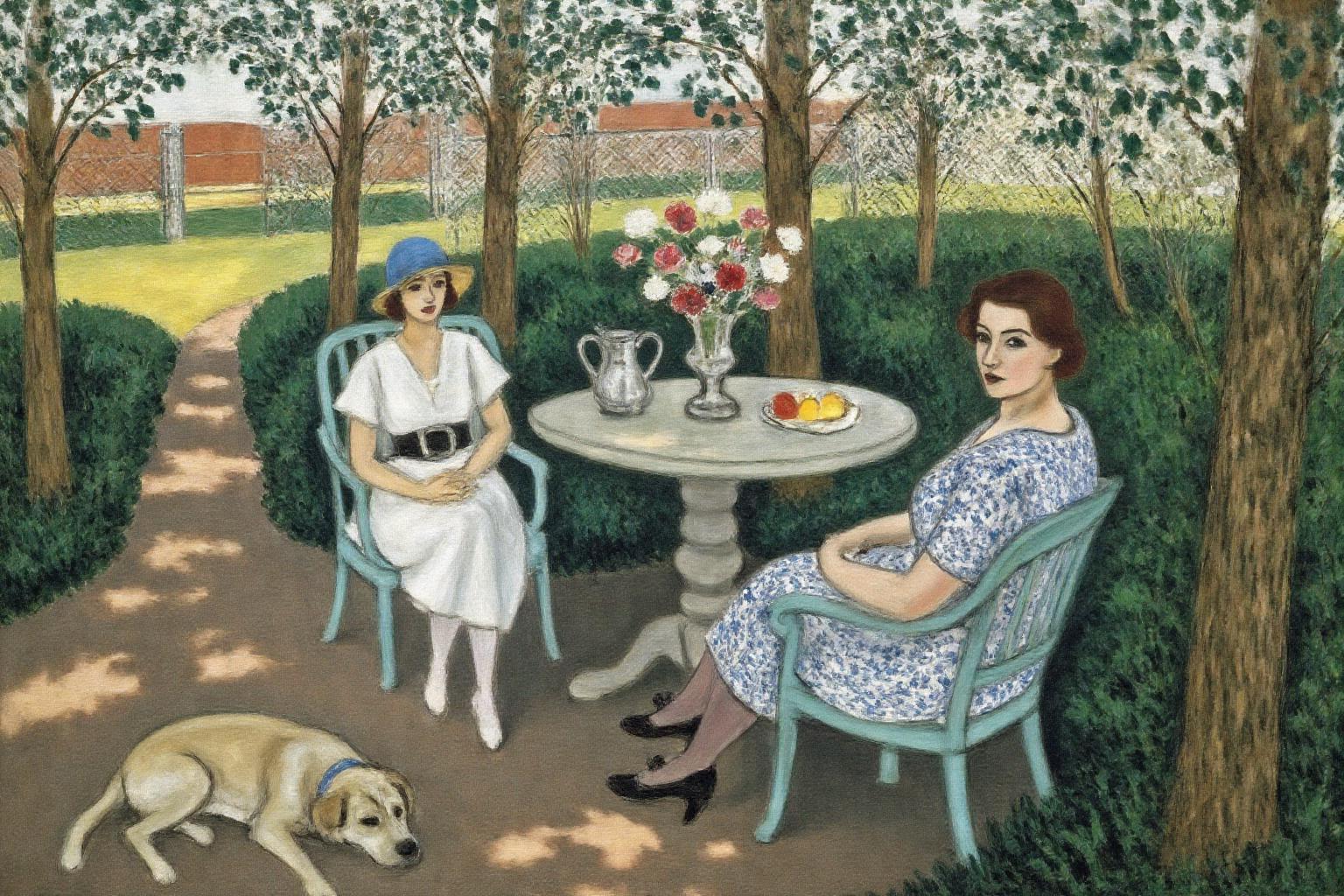 henrimatisse1 painting. 
 An outdoor scene with two women seated on chairs around a small round table in a garden, with lush greenery and trees surrounding the area. The table is adorned with a vase of flowers, a pitcher, and a bowl of fruit. The woman on the left is wearing a white dress with a black belt and a blue hat. The woman on the right sits with her back to the viewer. She is wearing patterned dress, stockings and black high heels. She is turning her head to look at the viewer. The path leading to the table is lined with bushes and plants, and the background shows a fence and a glimpse of a house or structure. There is a large dog lying on the floor in the bottom left corner.  <lora:henrimatisse1_f16e11:1.0><lora:870765351720239582:0>