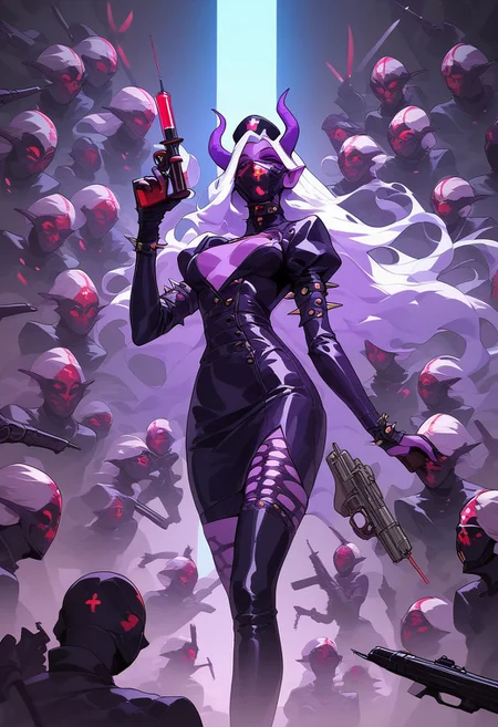 score_9, score_8_up, score_7_up,
c0l0r1f1c4t10npurpl3,ColorificationPurple,Colorification Purple, 1girl, long hair, breasts, open mouth, holding, weapon, purple hair, white hair, horns, pointy ears, gun, mask, colored skin, 6+girls, demon girl, demon horns, spikes, 6+boys, nurse cap, syringe, 6+others