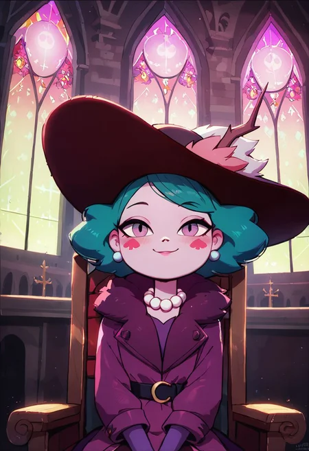 score_9, score_8_up, score_8, Eclipsa Butterfly, green hair, short hair, purple eyes, red spade blush stickers, dark red sun hat with feathers and branch, purple coat with fur collar, pearl necklace, black belt with moon decoration
upper body, closed mouth, in cathedral, sitting in church chair, smile, looking at viewer, colorful clerestory windows,