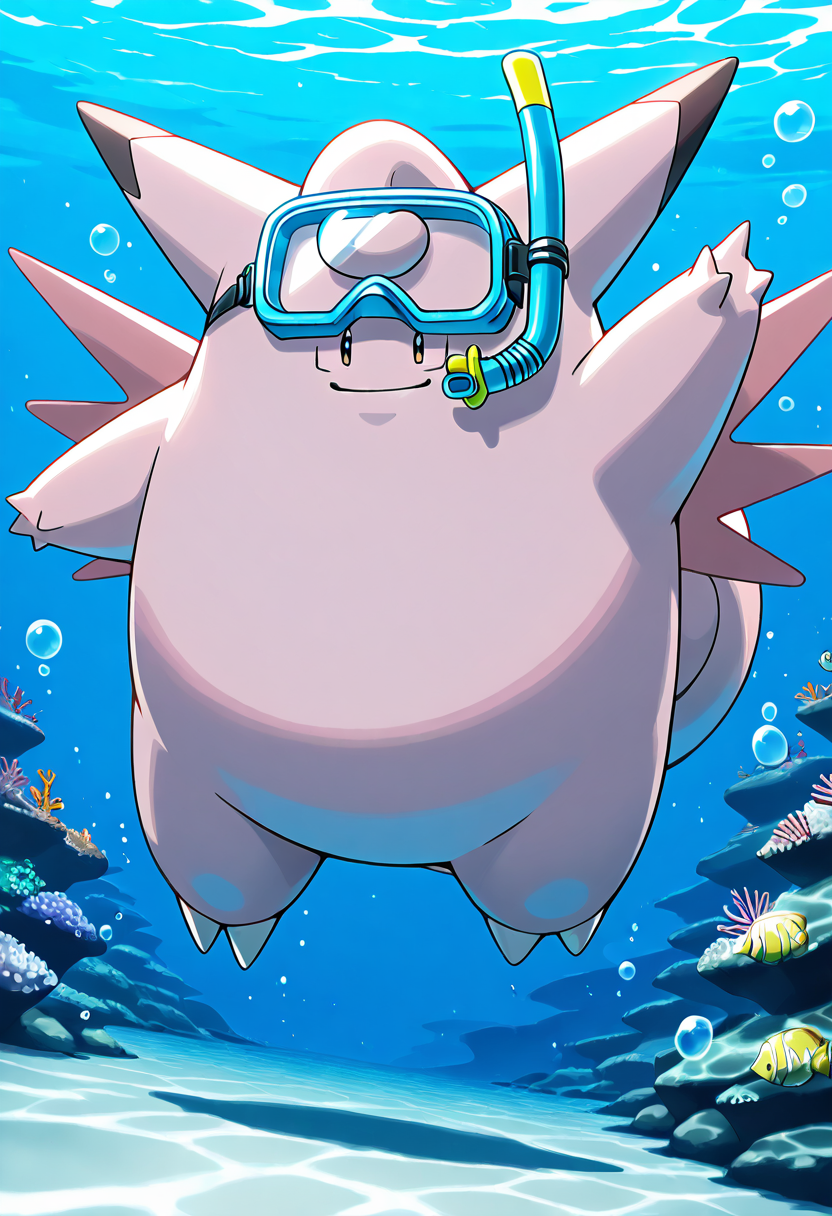 masterpiece, best quality, no humans, solo,    zzClefable, underwater, snorkel, bubbles, smile,   ,<lora:ClefablePokedexIXL:1.0>,