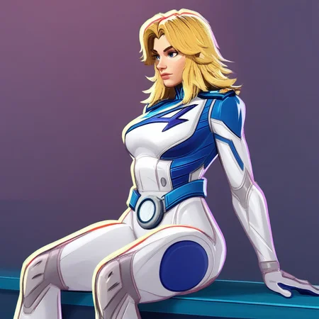 Sue_Storm_(character), FF_uniform, female, blonde, Sitting, solo,