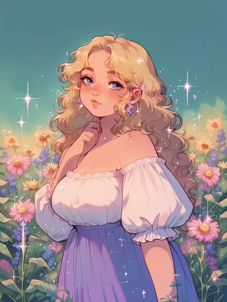 score_9, score_8_up, score_7_up, score_6_up,  <lora:c0ttp1nkXLP:0.8> c0ttp1nk, flower, sparkle, 1girl, long hair, blonde