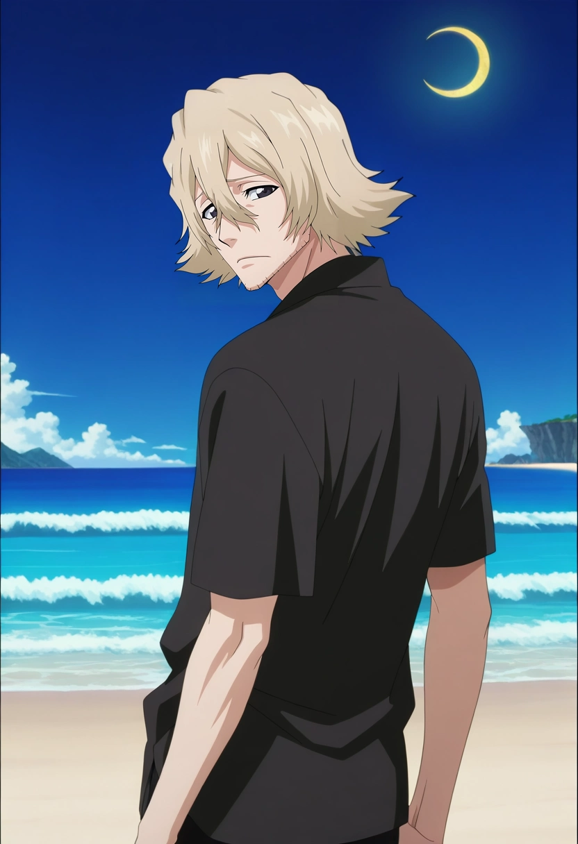 masterpiece, best quality, intricate details, anime screencap, anime coloring, official style, looking at viewer, 1boy, solo, male focus, <lora:kisuke_urahara_ilxl:0.98>, kisuke_urahara, blonde hair, black eyes, short hair, hair between eyes, facial hair, stubble, , wide angle, wide shot, cowboy shot, beach, ocean, waves, island, night, crescent moon, looking back, sad,