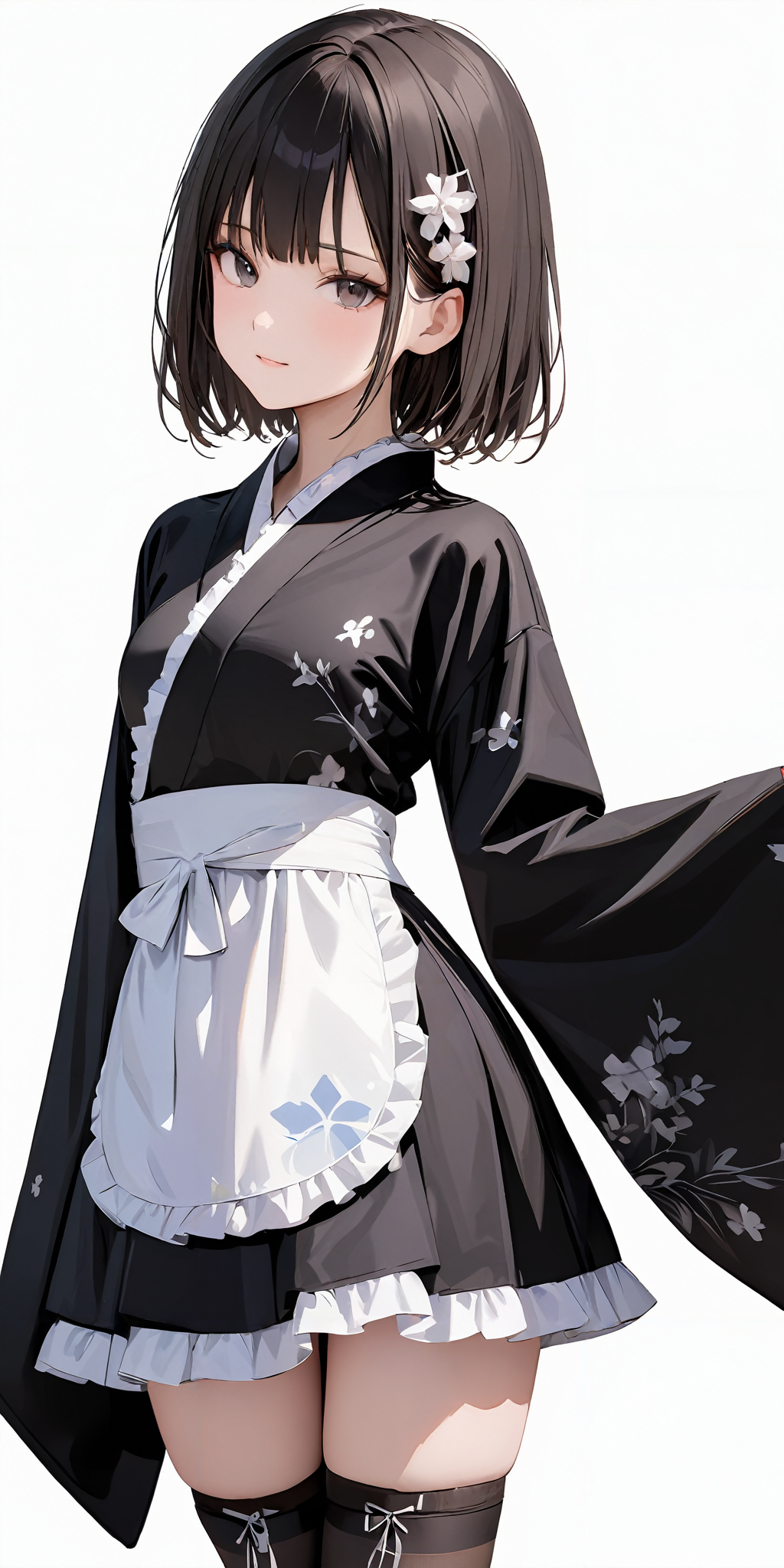 masterpiece,ultra-detailed,best quality,,8K,illustration,simple background,girl,cowboy shot,cute face,
<lora:add-detail-xl:1>  <lora:wafuku gothic_XL_V1.0:0.6> jyojifuku,kimono, thighhighs,wide sleeves,frills,apron