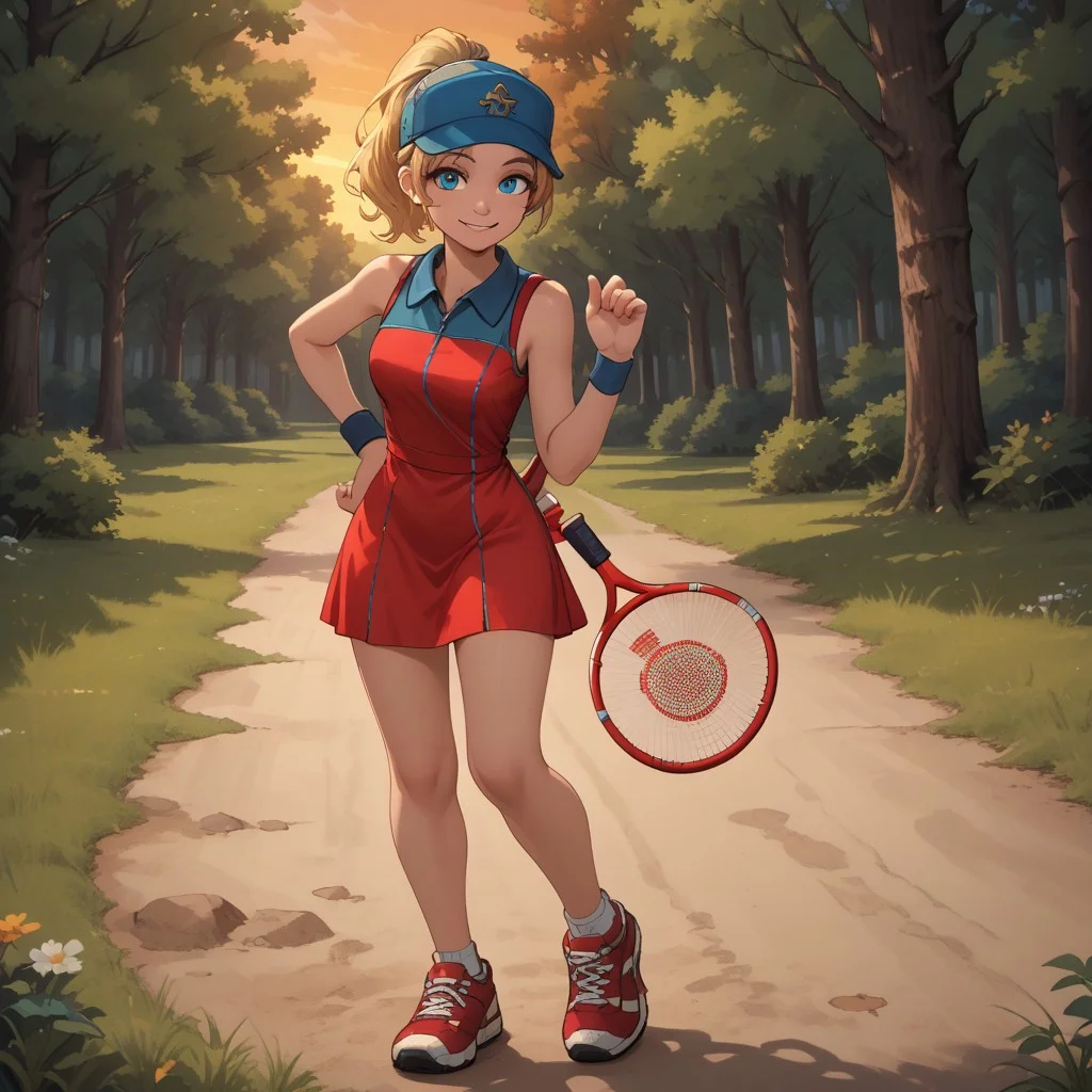 score_9, score_8, BREAK, solo, blonde hair, ponytail, cap, headwear, blue eyes, red short dress, sleeveless dress, wristband, red sneakers, Ashley_(Hot_Shots_Tennis), cute, sexy pose, self portrait, smile, outdoors, sunlight, shadows, evening lighting, natural lighting, forest, trees, grass, orange sky, sunset