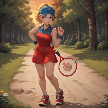 score_9, score_8, BREAK, solo, blonde hair, ponytail, cap, headwear, blue eyes, red short dress, sleeveless dress, wristband, red sneakers, Ashley_(Hot_Shots_Tennis), cute, sexy pose, self portrait, smile, outdoors, sunlight, shadows, evening lighting, natural lighting, forest, trees, grass, orange sky, sunset