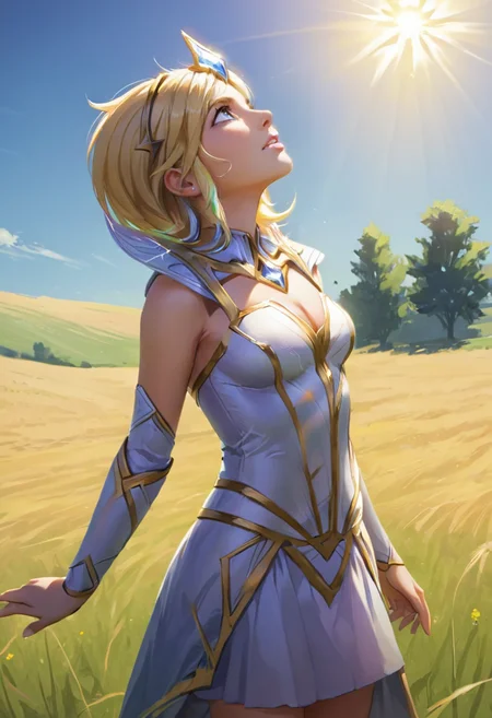 1girl, solo, lightlux, standing, sunny field, looking up, from side, <lora:Elementalist_Lux:1>