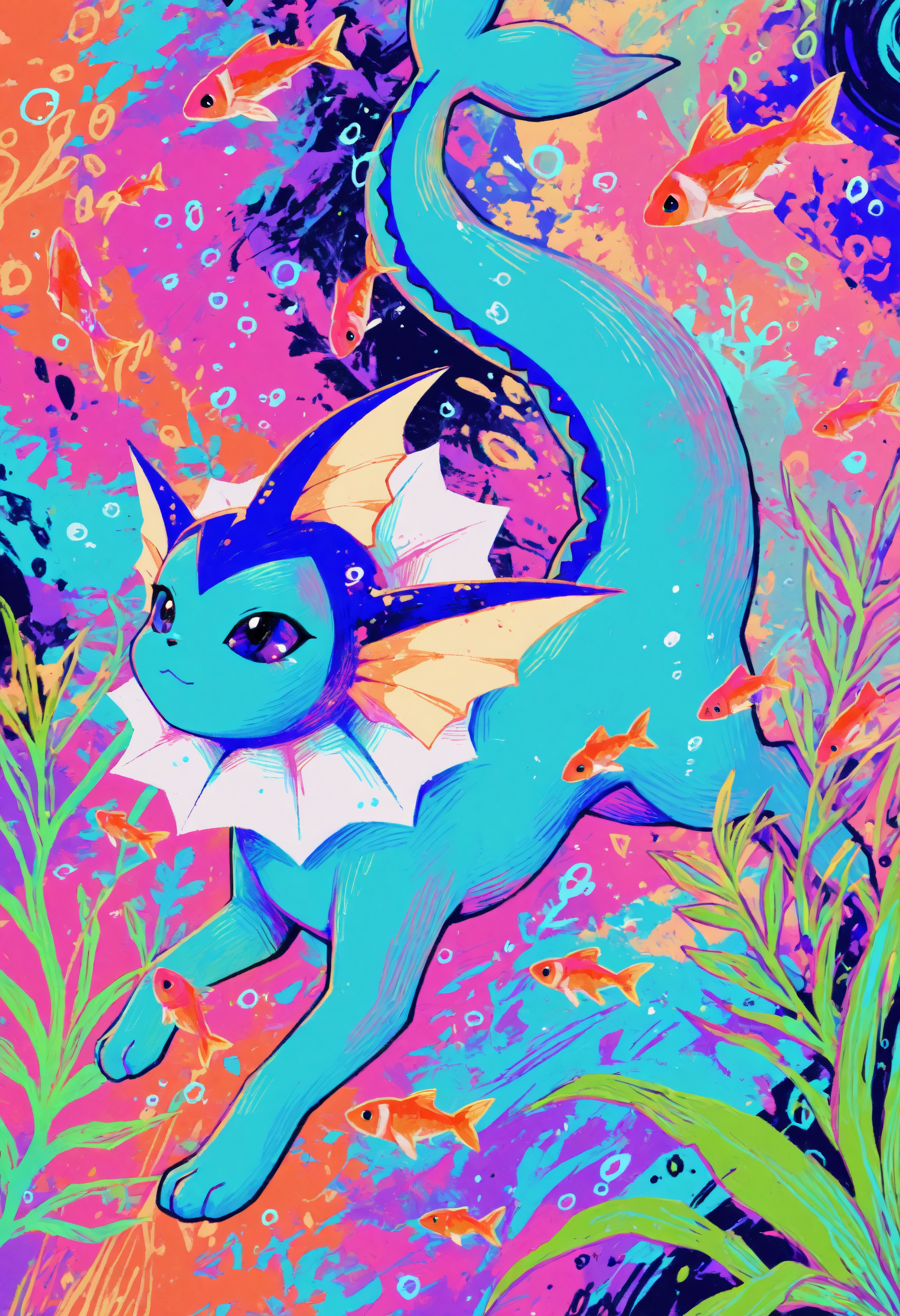 <lora:Style_OtonohaAika:1>, colorful, abstract background, vaporeon, crescen, plant, swimming, fish, hatching \(texture\), masterpiece, best quality