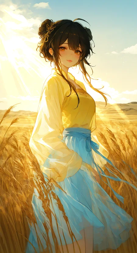 masterpiece, best quality, Good quality, very aesthetic, absurdres, newest,1girl, hanfu, autumn, black hair, blue skirt, brown eyes, chinese clothes,see-through, cloud, cloudy sky, cowboy shot, day, double bun, hair bun, hanfu, jiaoling ruqun, light rays, looking at viewer, outdoors, shirt, sky, smile, solo, wheat, wheat field, yellow shirt, Bright And Sunny Lighting <lora:ponyv4_noob1_2_adamW-000017:0.7> <lora:MeMaXL4:0.6> <lora:748cmSDXL:0.8> <lora:GBF_Illustrious:0.6>
