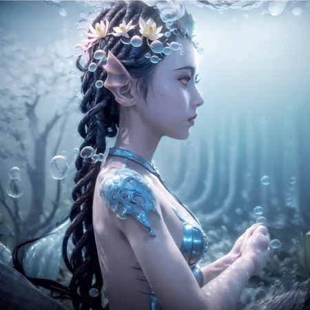 (illustration:1.8),(best quality),(masterpiece:1.5),masterpiece,extremely detailed CG unity 8k wallpaper),depth of field,dramatic angle,(Silver detailed cyan_ribbon and white flowers in the girl's long black_hair:1.25),(braid), (detailed beautiful face:1.3),detailed symmetrical_Blue_eyes,(Ancient palace background far away:1.55),A slight light, (pink flower:1.2),chiaroscuro, ((lotus) in beautiful detailed flowing_clouds_sea:1.3), Rayleigh scattering,(feather headdress:1.15),grass background,nature,((very wide shot)),(((Underwater))),Deep focus,Watermaker(bubbles:1.5),turtles,corals,Floating clothes,bottle with stopperwater in bottle,bere, a woman in a blue costume with a sword<lora:bere-10:0.7>