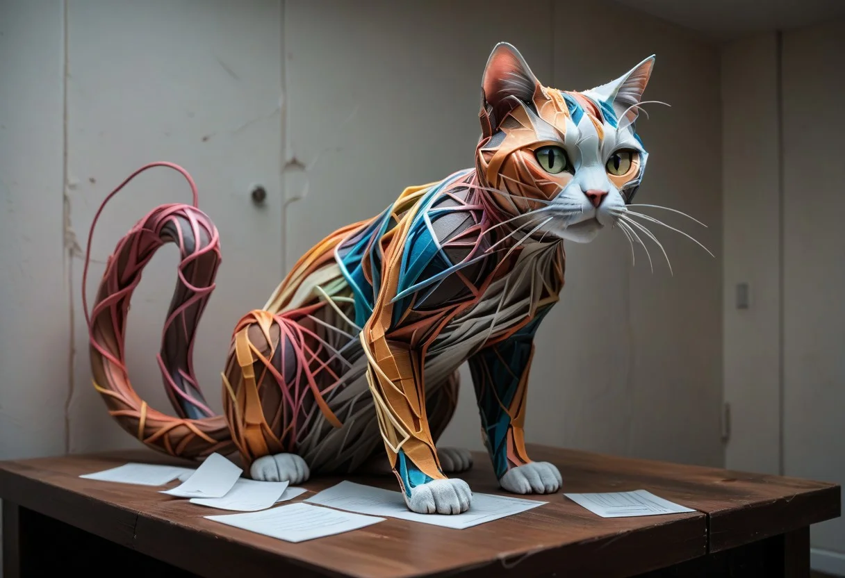 PonyXLV6_Scores, end_tripwire_morph, neon, wires, made of wires, cables, outlined with wires and neon, neon outlines, wire sculpture, neon wire sculpture, endposit_notesmorph, paper sticky notes, made from 3m post it notes, post it notes, paper texture, cat,