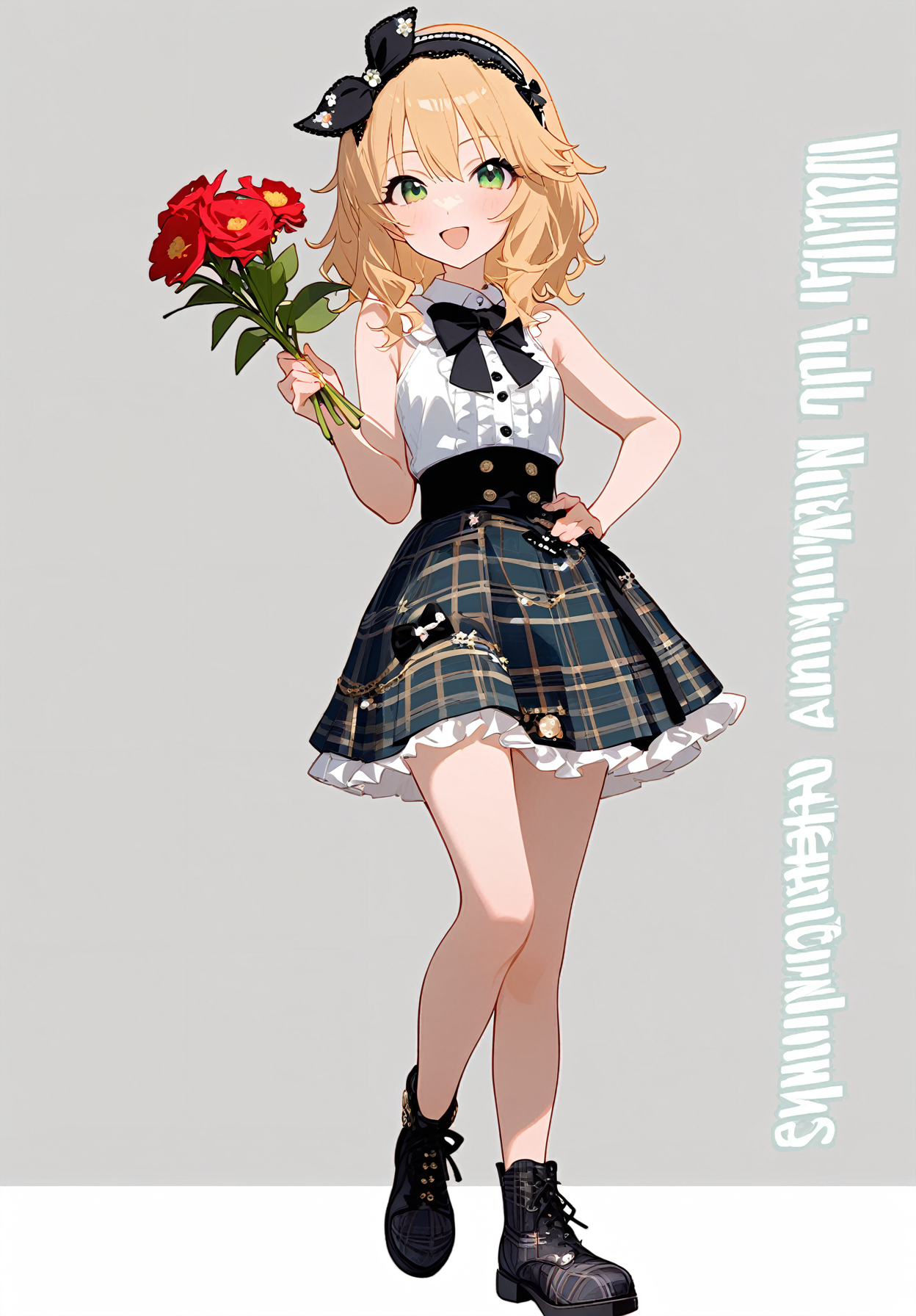 1girl, 
sakurai momoka, idolmaster, 
holding, hand on own hip, black hairband, looking at viewer, white shirt, sleeveless shirt, wavy hair, blonde hair, medium hair, plaid skirt, sidelocks, hairband, full body, standing, skirt, smile, frills, black bowtie, character name, open mouth, green eyes, grey background, frilled skirt, :d, plaid, holding flower, black footwear, buttons, simple background, white background, two-tone background, hair between eyes, black bow, plaid footwear, shirt, bow, flower, blush, bare shoulders, bowtie, solo, sleeveless, shoes, detached sleeves, 
masterpiece, newest, absurdres, safe
 <lora:2080ti_ag31_sakurai_momoka-000018:1> <lora:a31_style_koni:1>