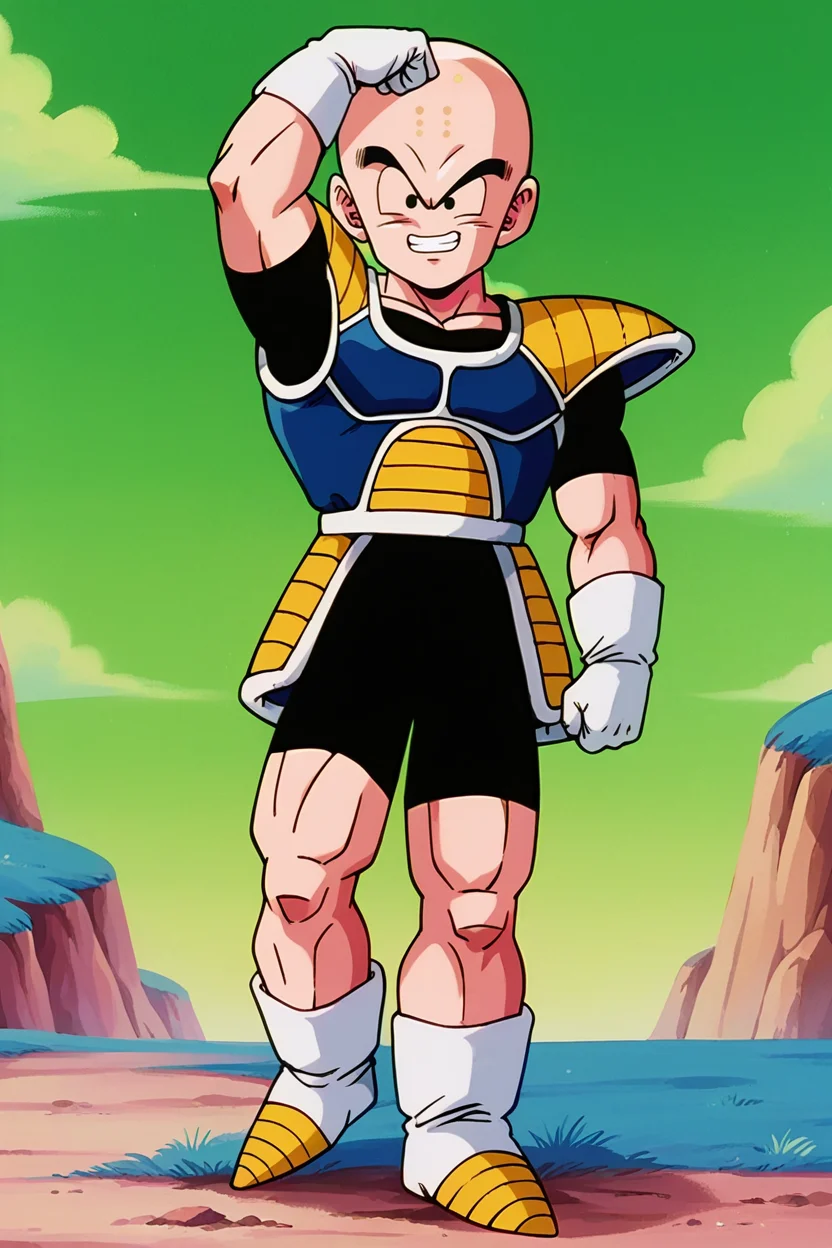 score_9,score_8_up,score_7_up,score_6_up, BREAK retro artstyle, kuririn,1boy,solo,full body,bald,dark blue saiyan armor, black bodysuit, black bike shorts, shoulder pads, faulds, white gloves, white boots,smirk, flexing,arm up, (from side:0.6),looking at viewer, no nose, no sclera,short sleeves,green sky,cloud,black hair, facing viewer,short sleeves,namek, blue grass, plateau, (facial mark:0.6) <lora:KrillinPony:1> <lora:NamekPony:0.4>